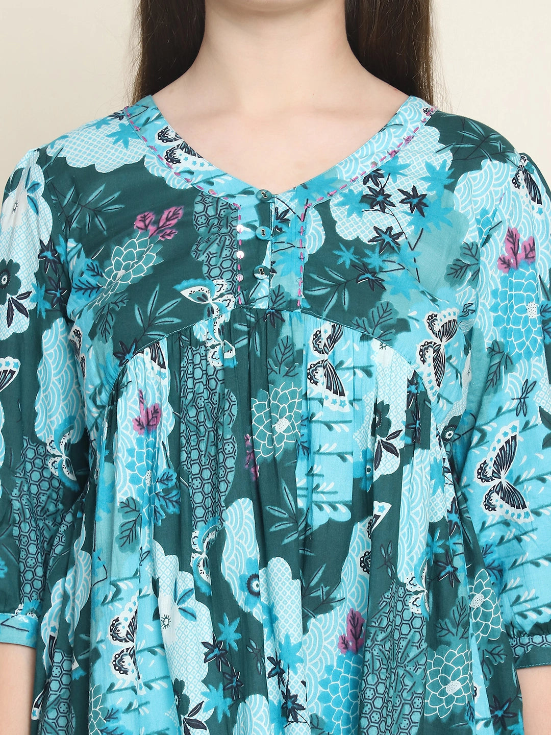 Frempy Women Teal Printed Pure Cotton Top