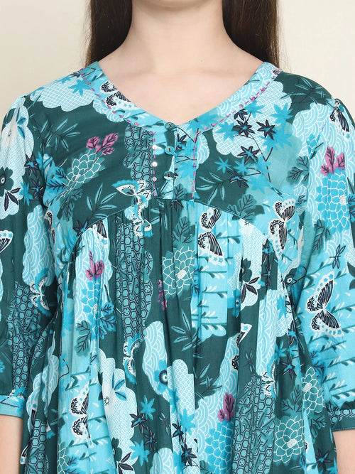 Frempy Women Teal Printed Pure Cotton Top