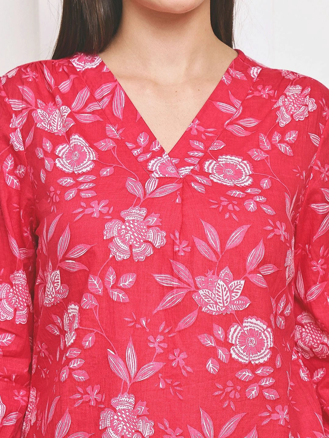 Frempy Women Pink Floral Printed Pure Cotton Top