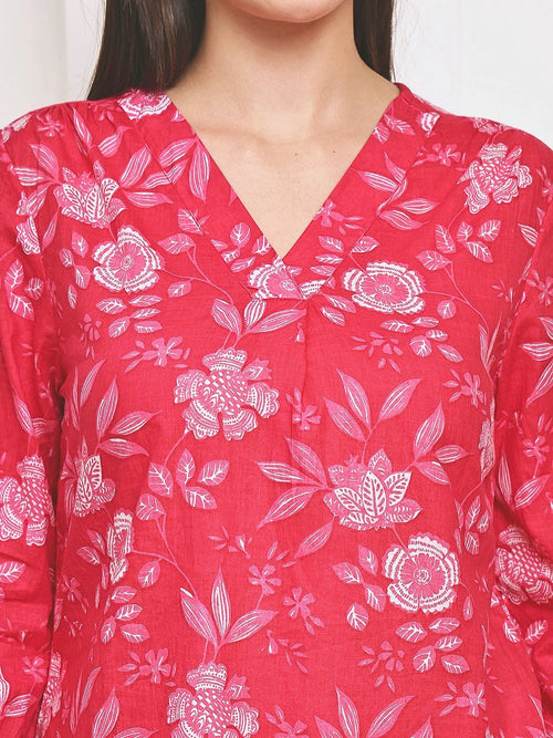 Frempy Women Pink Floral Printed Pure Cotton Top