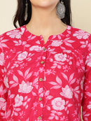 Pink Floral Buttoned Mandarin Collar Cotton Top