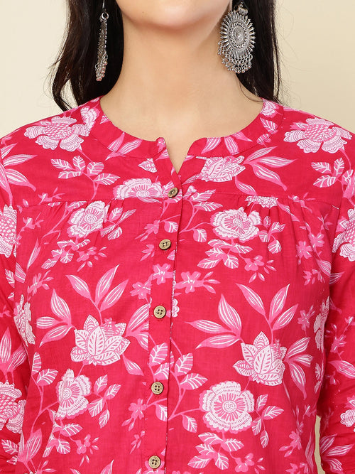 Pink Floral Buttoned Mandarin Collar Cotton Top