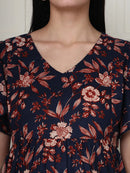 Frempy Women Fit and Flare Navy & Brown Floral Printed Midi Dress