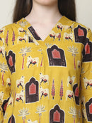 Frempy Women Mustard Yellow Printed Pure Cotton Top