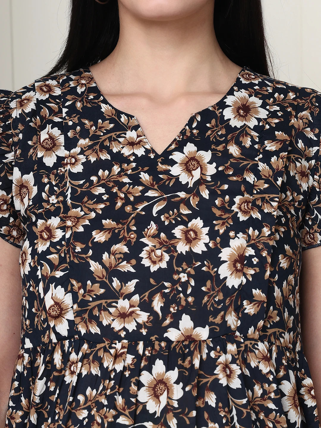 Frempy Women Black Floral Printed Knee Length Dress