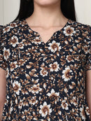 Frempy Women Black Floral Printed Knee Length Dress