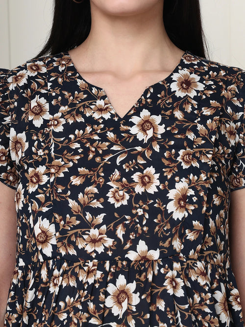 Frempy Women Black Floral Printed Knee Length Dress