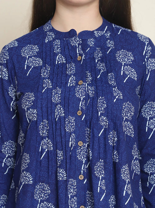 Frempy Women Blue Floral Printed Pure Cotton Top