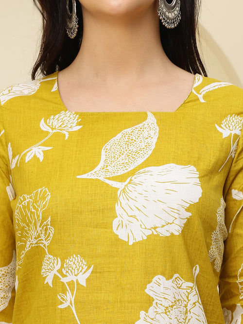 Mustard Floral Bell Sleeve Pure Cotton Short Kurti