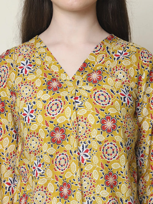 Frempy Women Yellow Floral Printed Pure Cotton Top
