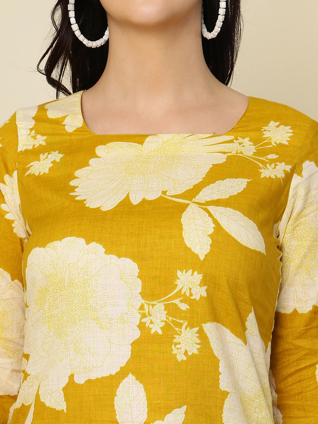 Mustard Yellow Floral Print Lace-Up Pure Cotton Kurti
