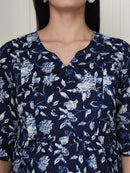 Frempy Women Navy Blue Floral Printed  Maternity Dress