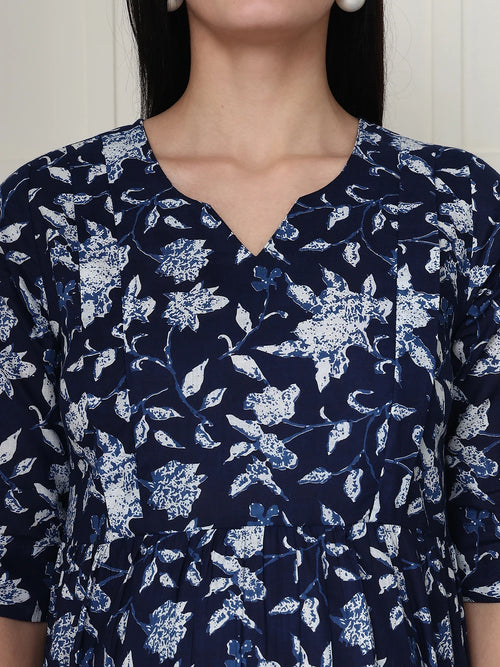 Frempy Women Navy Blue Floral Printed  Maternity Dress