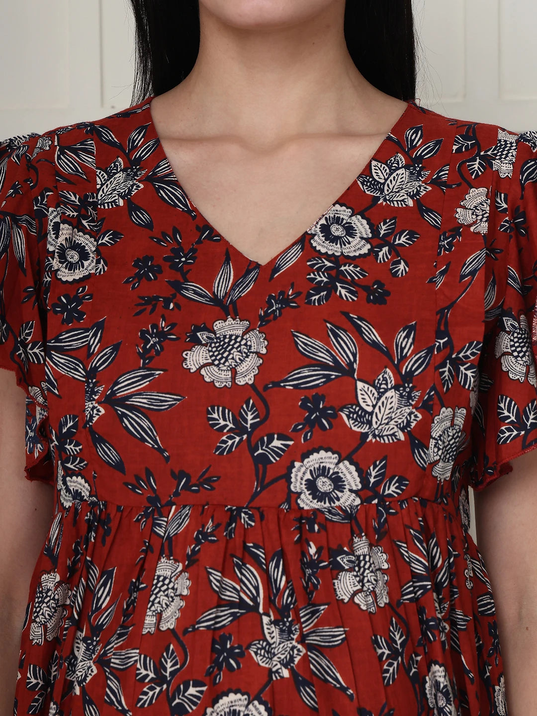 Frempy Women Fit and Flare Brown Floral Printed Midi Dress