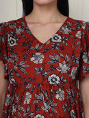 Frempy Women Fit and Flare Brown Floral Printed Midi Dress
