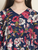 Frempy Women Navy & Pink Floral Pure Cotton Tops