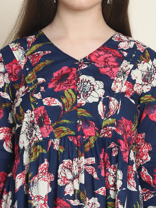 Frempy Women Navy & Pink Floral Pure Cotton Tops