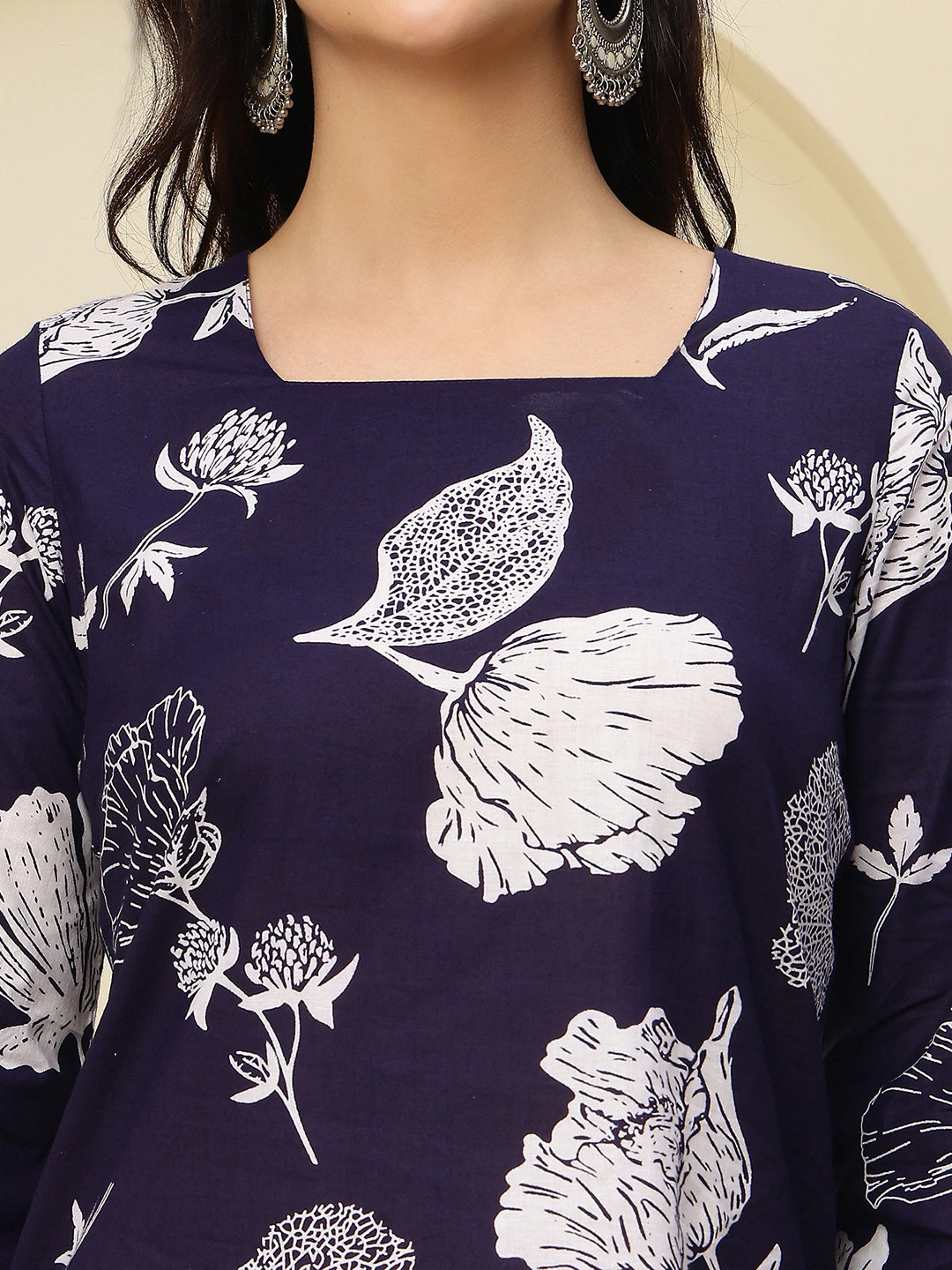 Navy Floral Bell Sleeve Pure Cotton Short Kurti