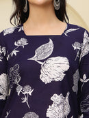 Navy Floral Bell Sleeve Pure Cotton Short Kurti