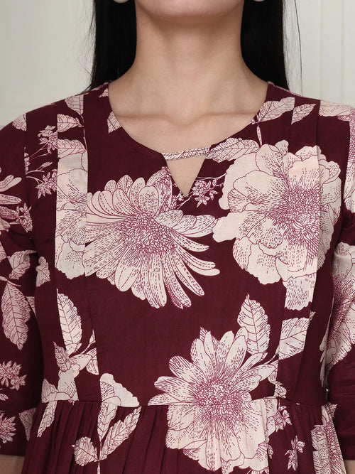 Frempy Women Maroon Floral Printed  Maternity Dress