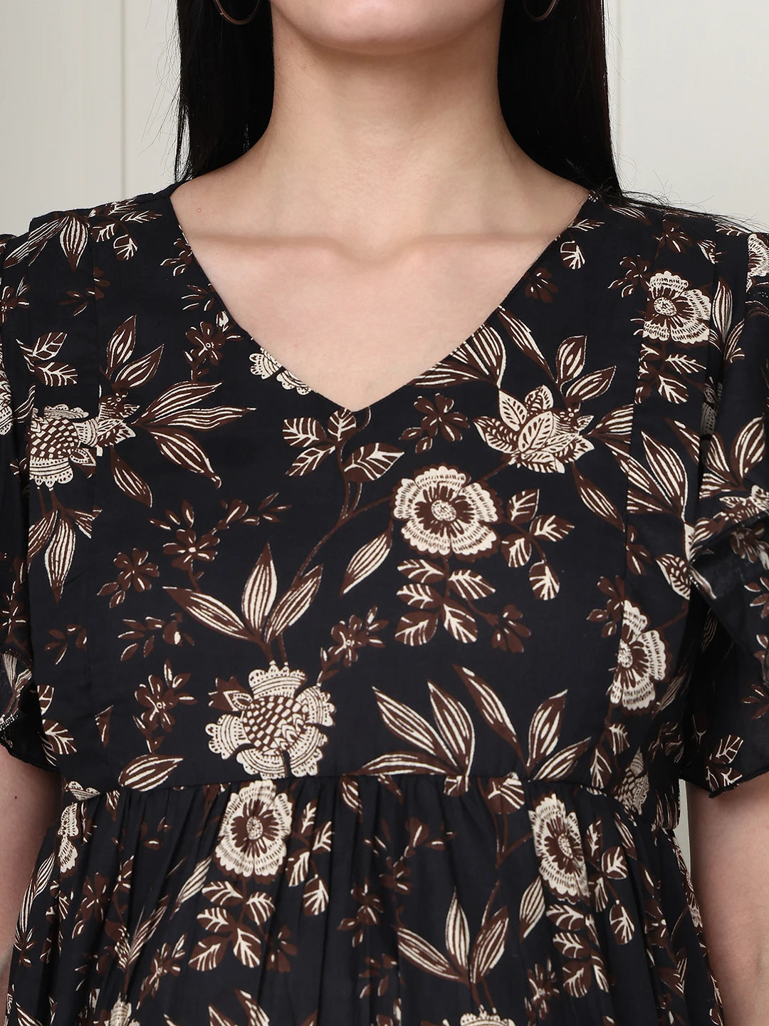 Frempy Women Fit and Flare Coffee Brown Floral Printed Midi Dress