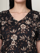 Frempy Women Fit and Flare Coffee Brown Floral Printed Midi Dress