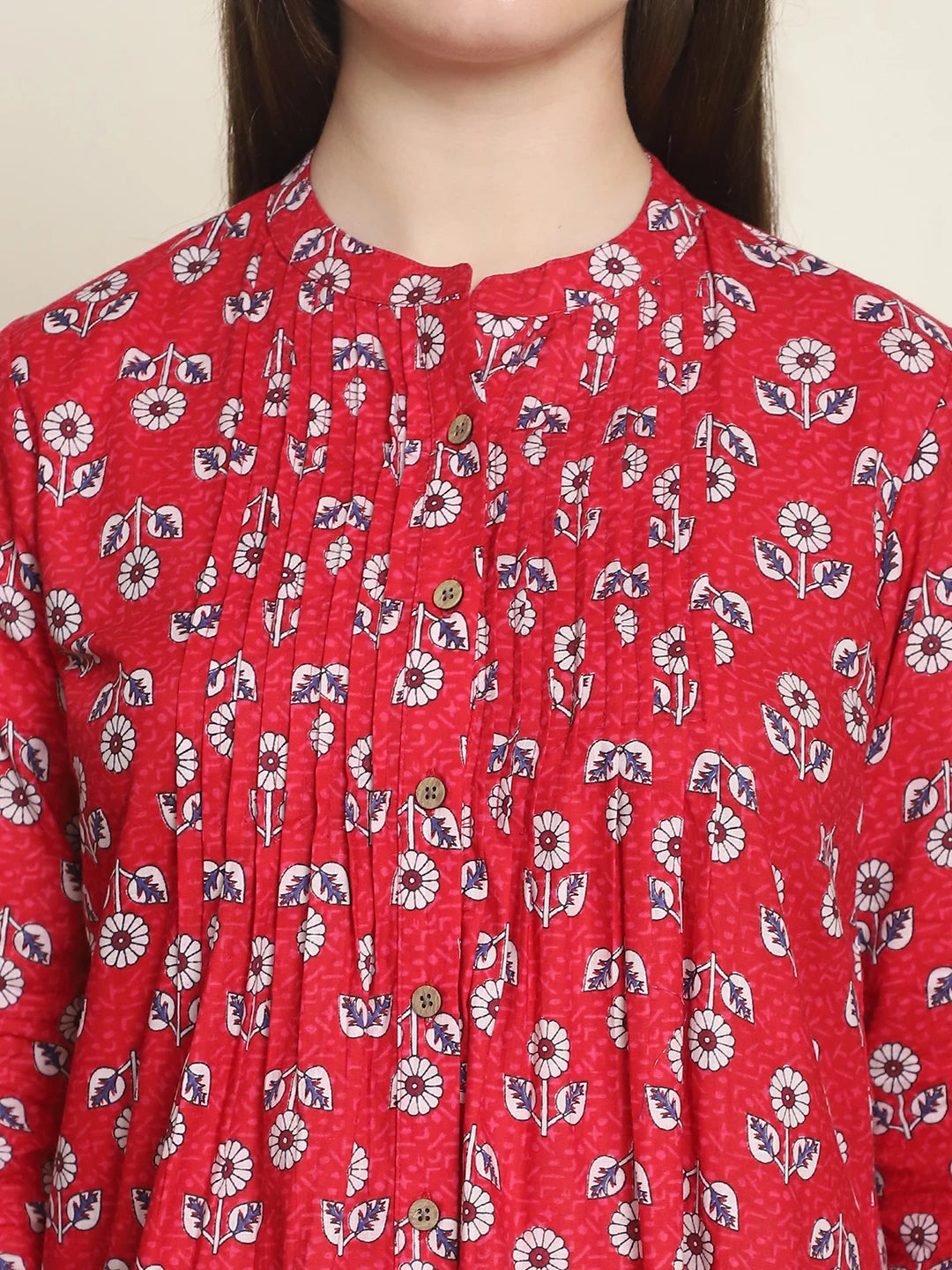 Frempy Women Red Floral Printed Pure Cotton Top