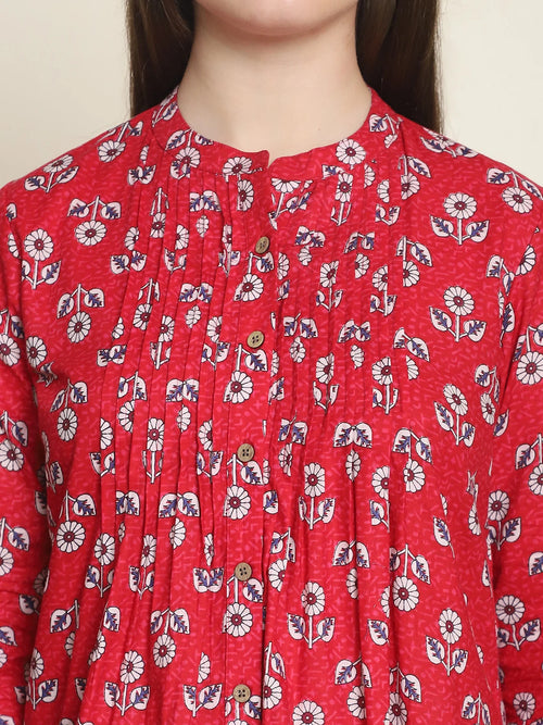 Frempy Women Red Floral Printed Pure Cotton Top