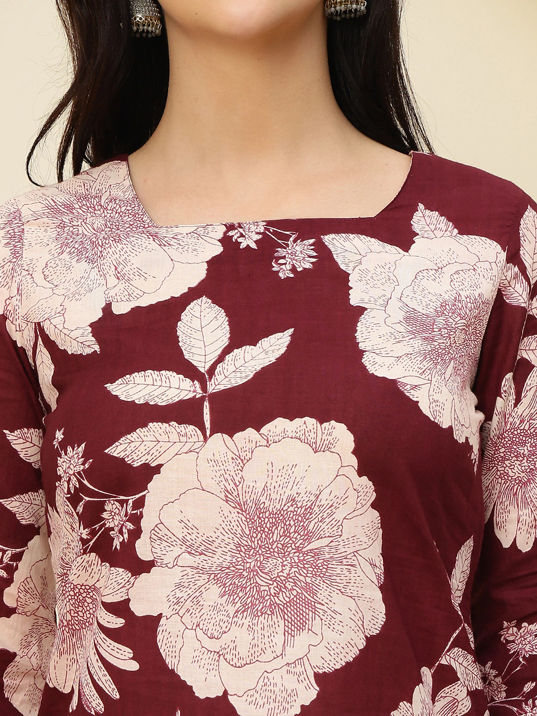 Maroon Floral Print Lace-Up Back Pure Cotton Short Kurti
