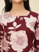 Maroon Floral Print Lace-Up Back Pure Cotton Short Kurti