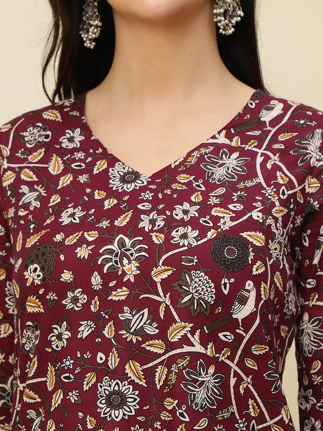 Maroon Floral Printed V-Neck Pure Cotton Short Kurti