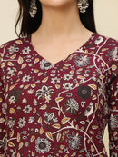 Maroon Floral Printed V-Neck Pure Cotton Short Kurti