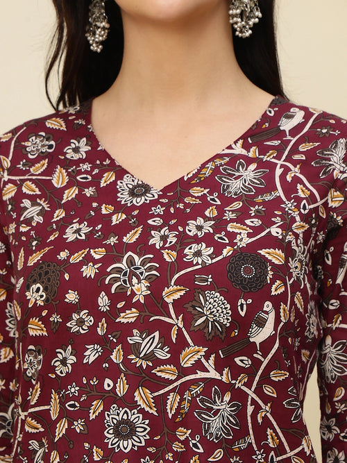 Maroon Floral Printed V-Neck Pure Cotton Short Kurti