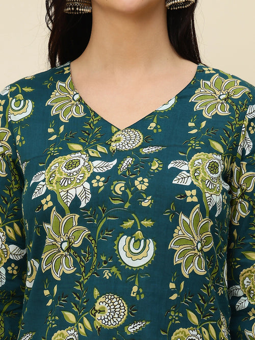 Green Floral Printed Pure Cotton Short Kurti