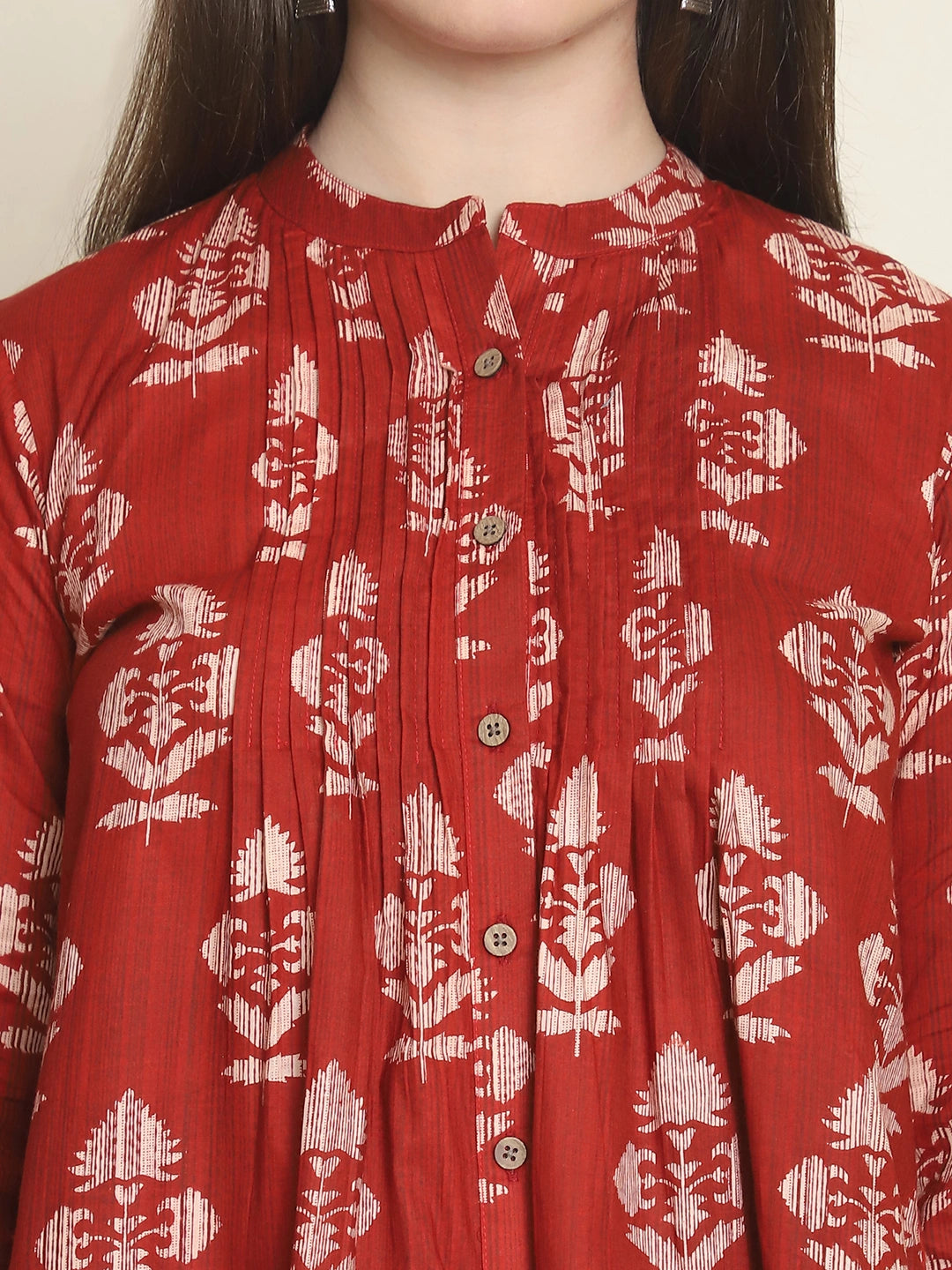 Frempy Women Maroon Motifs Printed Pure Cotton Top