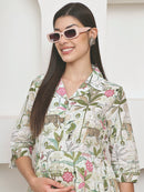 Frempy Women Fit and Flare Green Floral Printed Maxi/Full Length Dress