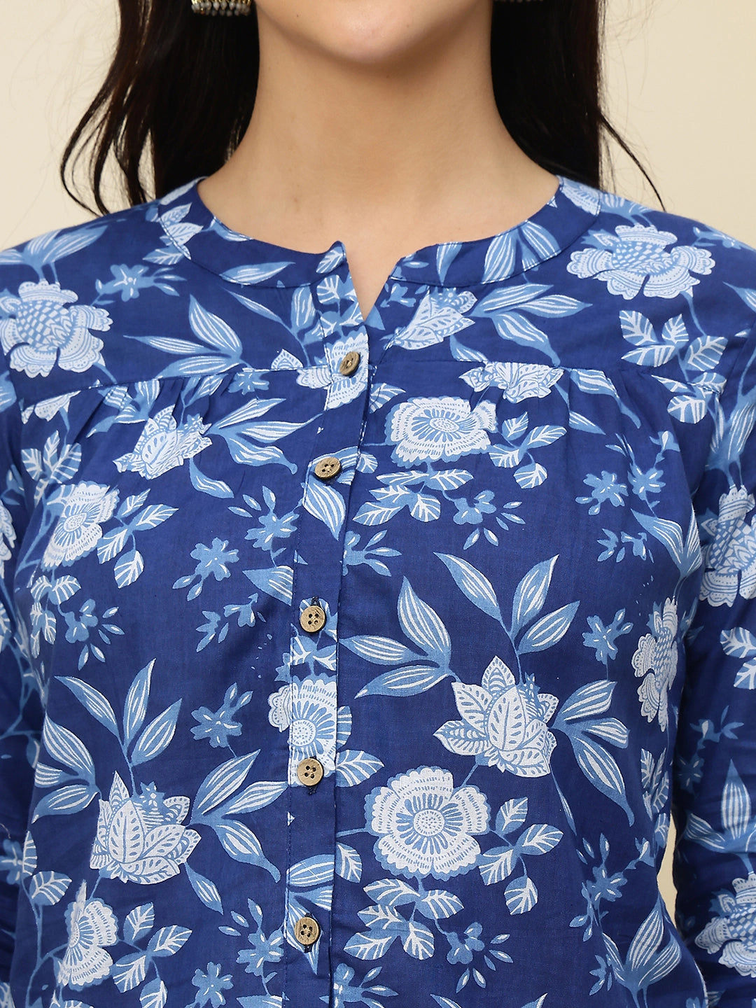 Navy Blue Floral Buttoned Mandarin Collar Cotton Top