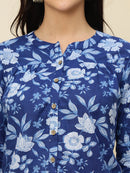Navy Blue Floral Buttoned Mandarin Collar Cotton Top