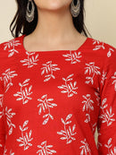Red Leaf Printed  Lace-Up Back Pure Cotton Short Kurti