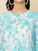 Aqua Blue Bold Floral Buttoned Mandarin Collar Cotton Top