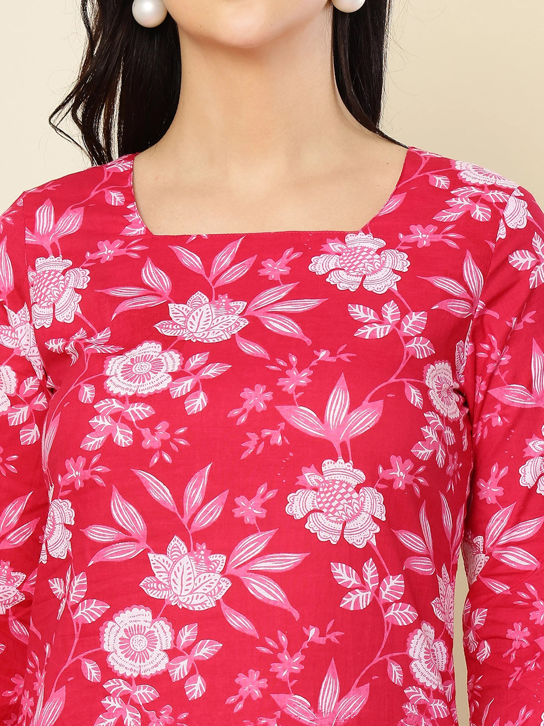 Pink Floral Printed A-Line Pure Cotton Short Kurti