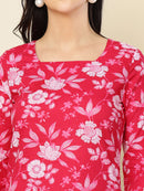 Pink Floral Printed A-Line Pure Cotton Short Kurti