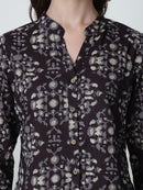 Coffee Brown Floral Printed Mandarin Collar Pure Cotton Top