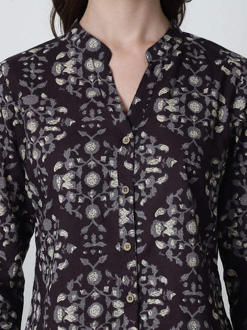 Coffee Brown Floral Printed Mandarin Collar Pure Cotton Top