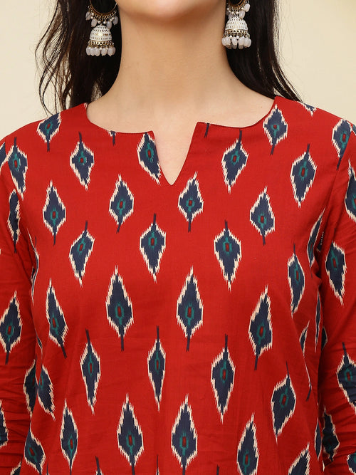 Red Ikat Printed  Pure Cotton Short Kurti