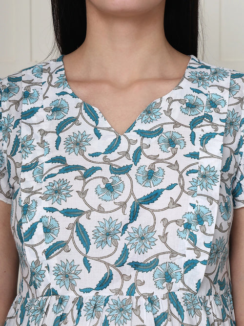 Frempy Women Teal Floral Printed Knee Length Maternity Dress