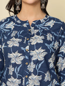 Navy Blue Floral Buttoned Mandarin Collar Cotton Top