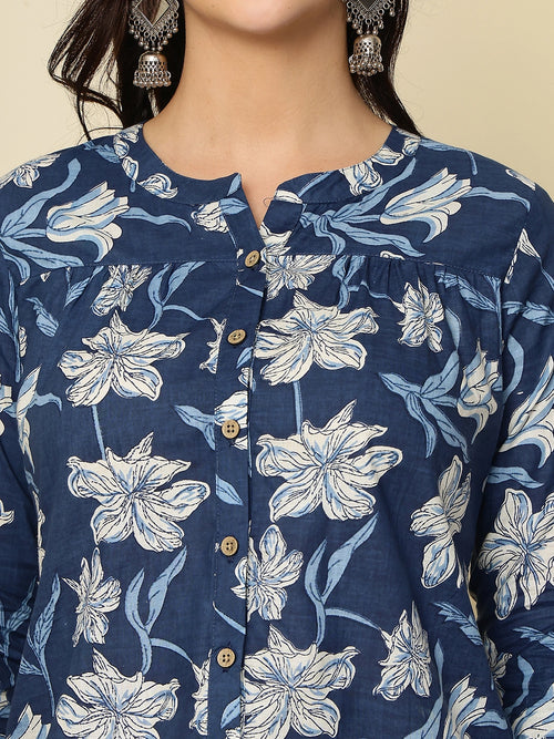 Navy Blue Floral Buttoned Mandarin Collar Cotton Top