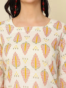 Ivory Ethnic Motifs Printed Lace-Up Back Pure Cotton Short Kurti