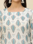 Ivory Blue Ethnic Motifs Printed Lace-Up Back Pure Cotton Short Kurti